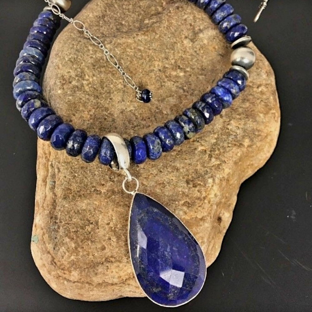 Genuine Lapis Lazuli Stone and 925 Sterling Silver Pendant Necklace